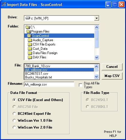 National Association  Stock  Auto Racing Scanner on Import Data Files Screen  Non Dma Radios