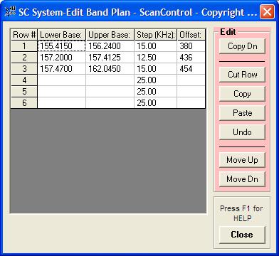 National Association  Stock  Auto Racing Scanner on Uniden Dma Radio Custom Band Plan Table Editor Screen